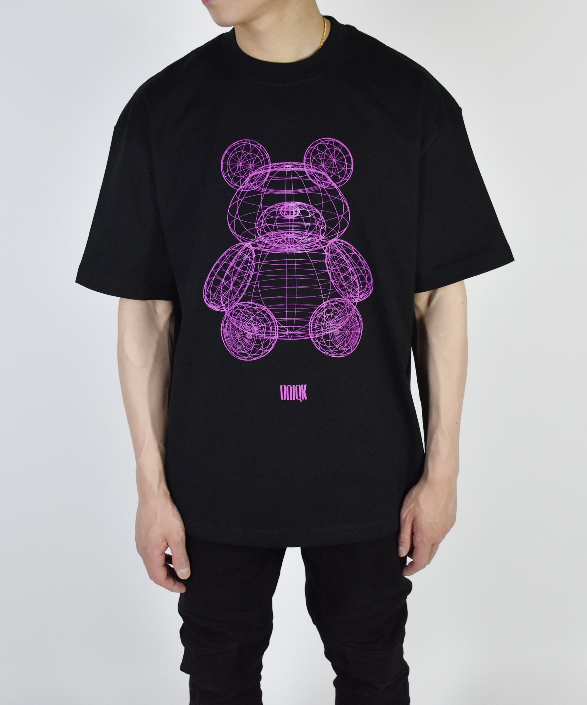 UNIQK 305gsm Teddy Bear Oversized Tee Black  100% Cotton Male Model Frontal View