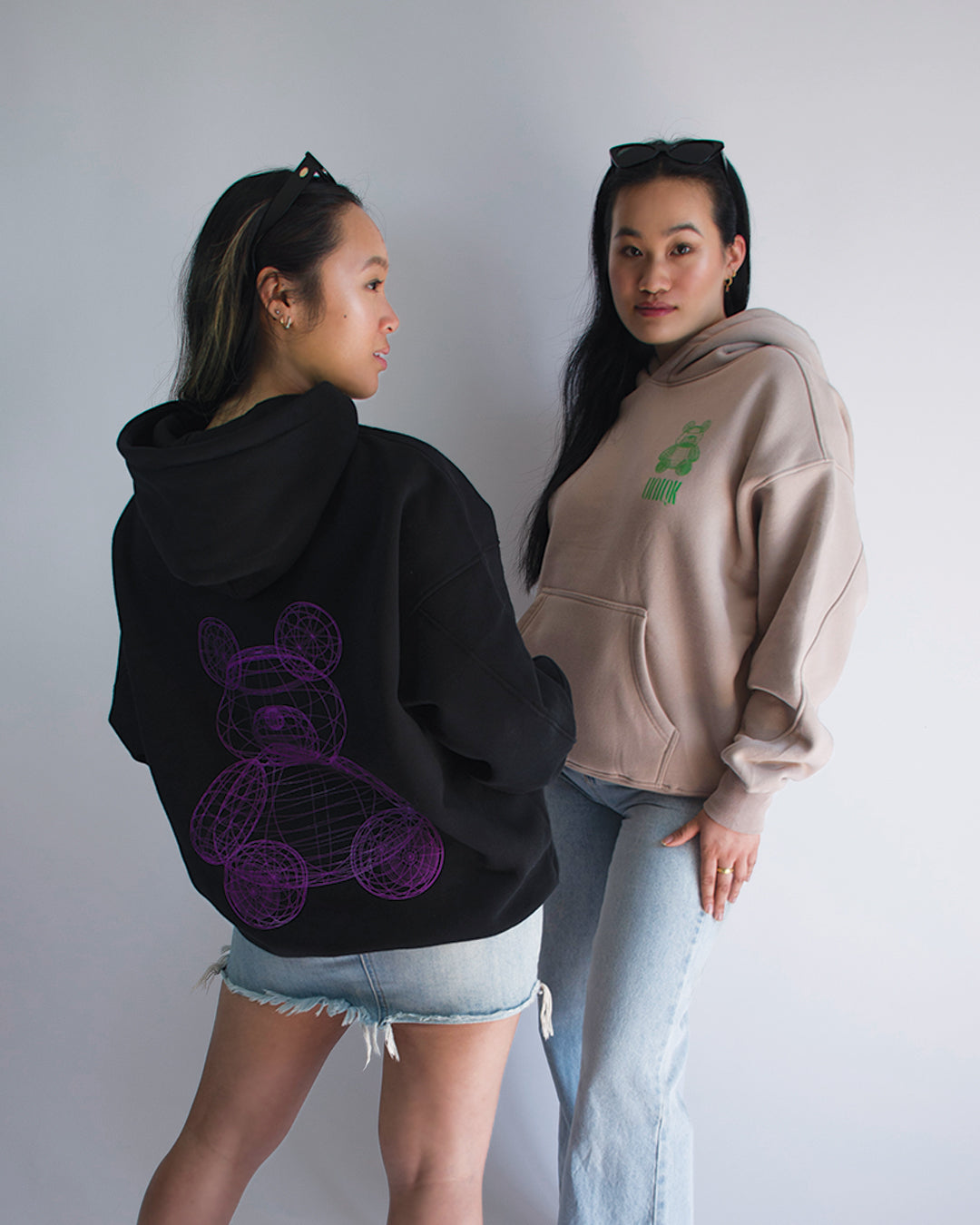 UNIQK 600gsm Teddy Bear Oversized Hoodie Black and Cream 100% Cotton Fleece Back Female Models