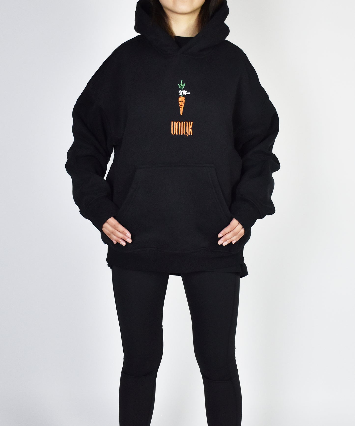 Uniqk Carrot Stick Oversized Hoodie Black Model Front