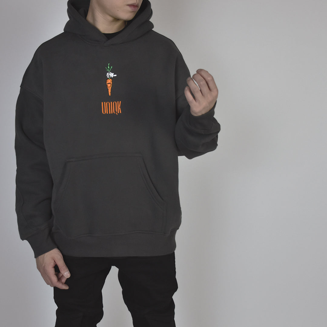 UNIQK 600 gsm Carrot Hoodie Grey 100% Cotton Fleece Back Oversized Male Model