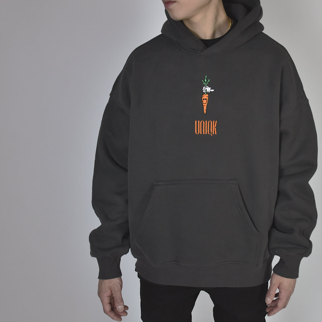 UNIQK 600 gsm Carrot Hoodie Grey 100% Cotton Fleece Back Oversized Male Model Right Embroidered Logo