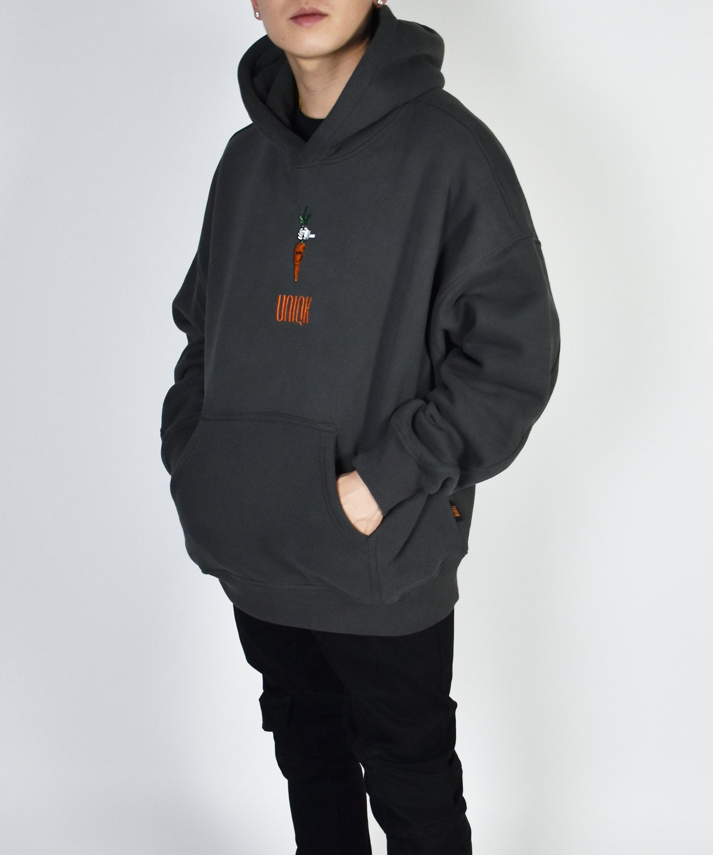 Uniqk Carrot Stick Oversized Hoodie Grey Model Side