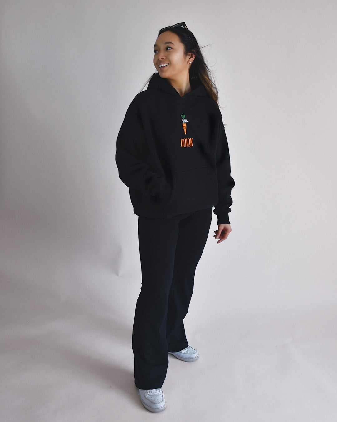 UNIQK 600 gsm Carrot Hoodie Black 100% Cotton Fleece Back Oversized Female Model