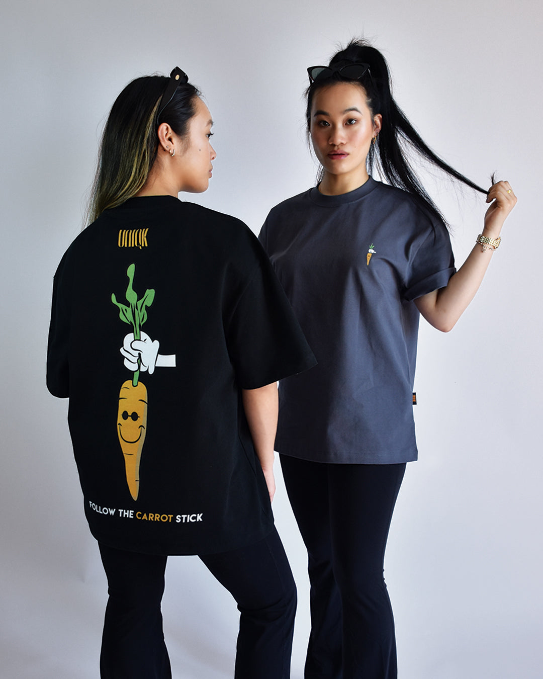 UNIQK 305 gsm Carrot Tee Black and Grey 100% Cotton Oversized Female Models