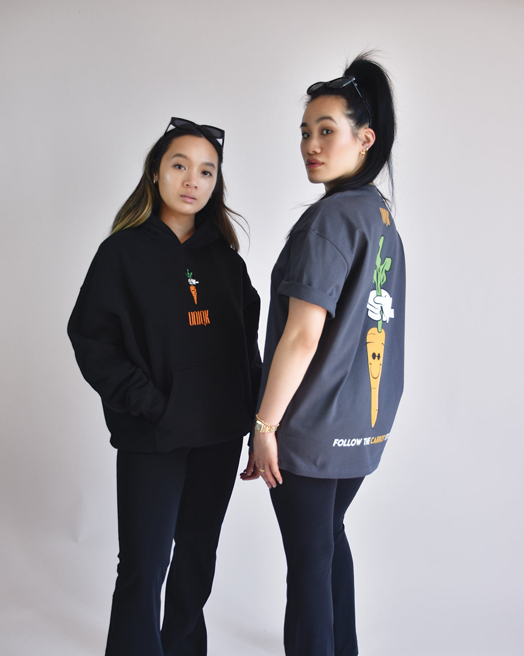 UNIQK 305 gsm Carrot Tee Grey and 600gsm Carrot Hoodie 100% Cotton Oversized Female Models 