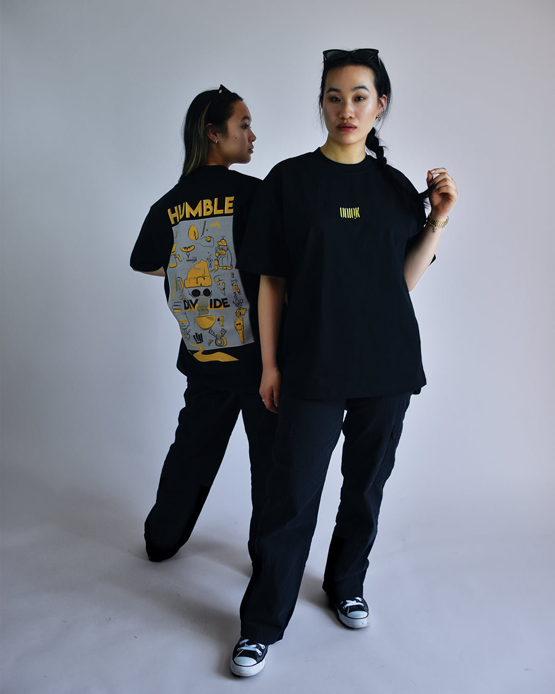 UNIQK 305gsm Melbourne Artwork Oversized Tee Orange and Yellow 100% Cotton  Female Models in photo studiu back and front