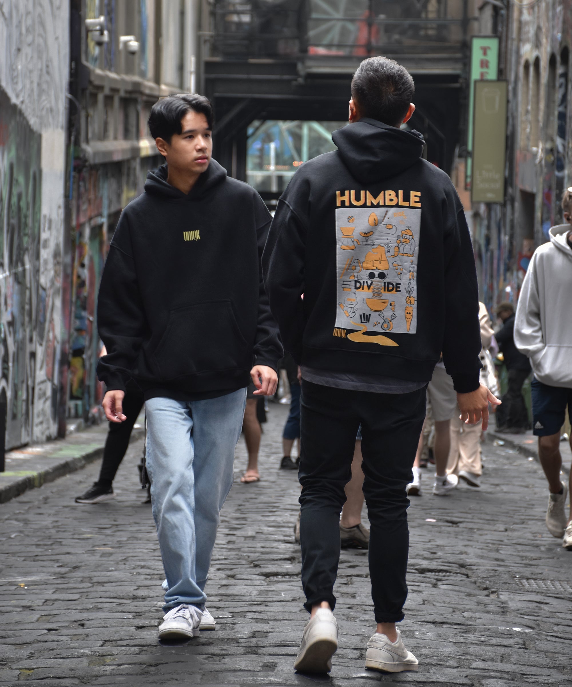 UNIQK 600gsm Melbourne Artwork Oversized Hoodie Orange and Yellow 100% Cotton Fleece Male Models Alley way