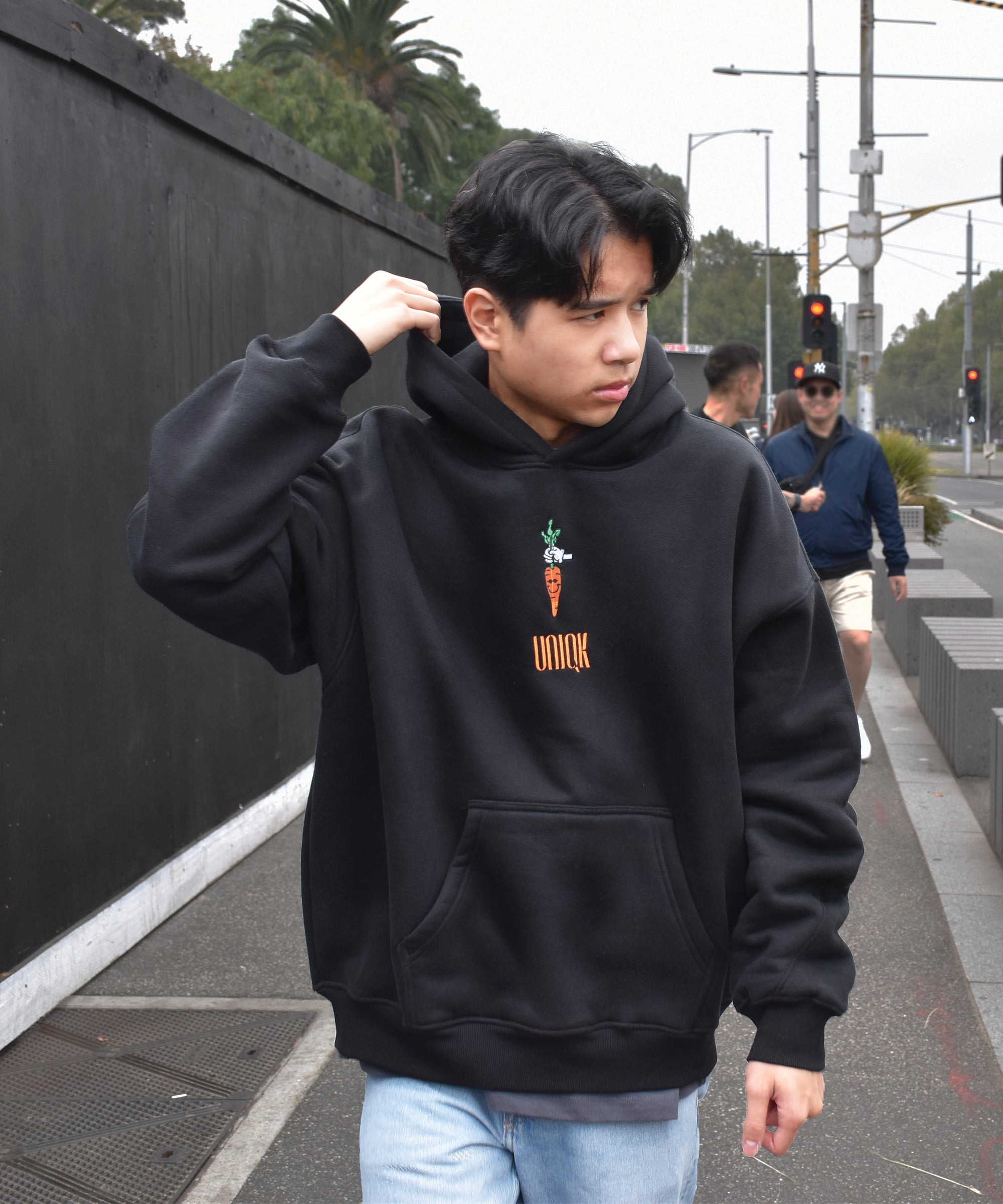 UNIQK 600 gsm Carrot Hoodie Black 100% Cotton Fleece Back Oversized Male Model