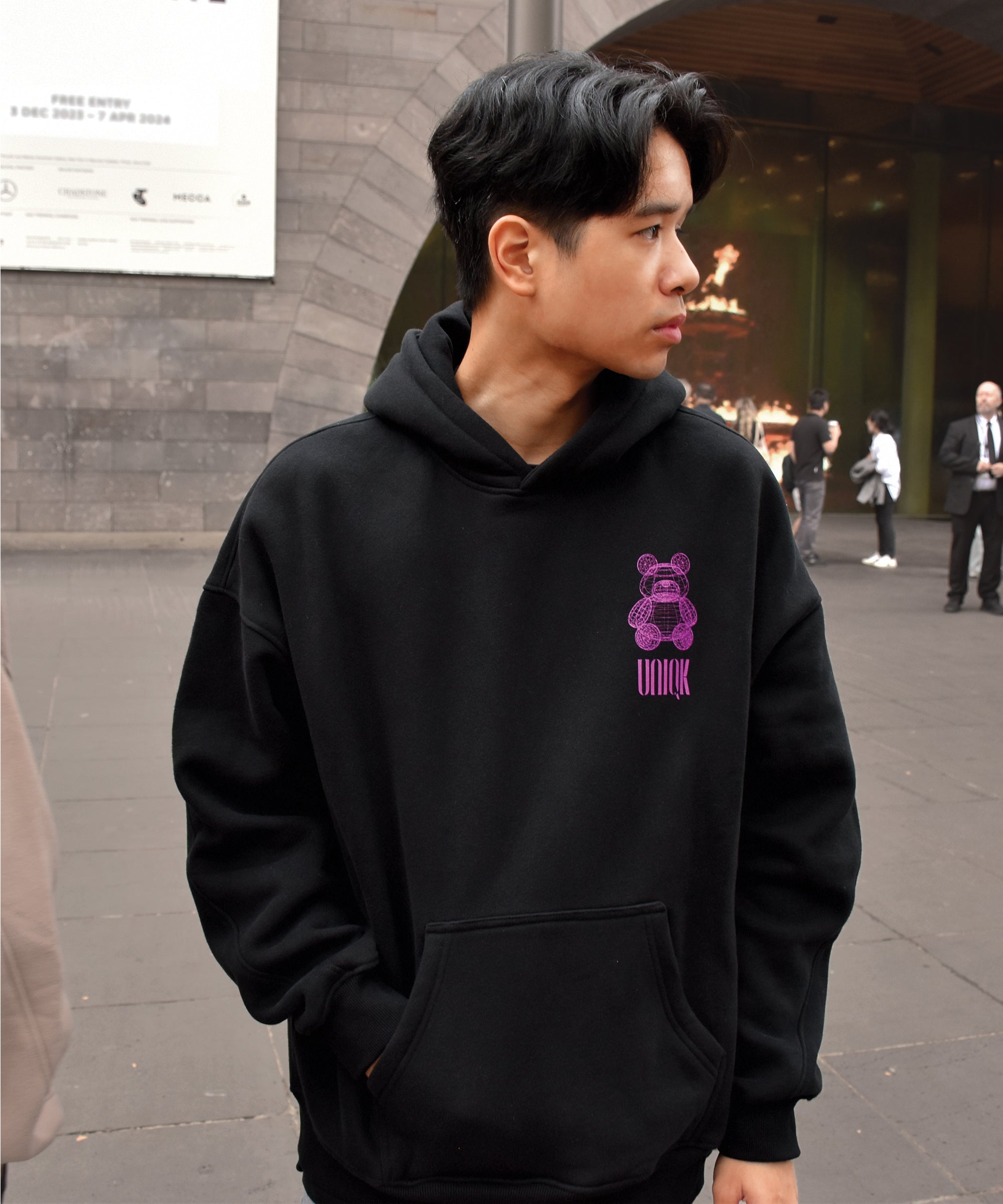 UNIQK 600gsm Teddy Bear Oversized Hoodie Black 100% Cotton Fleece Back Male Model NGV